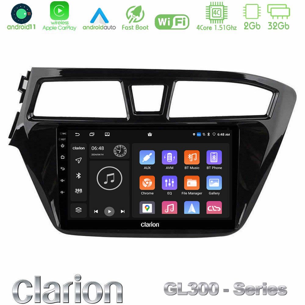 Clarion GL300 Series 4Core Android11 2+32GB Hyundai i20 2014-2018 Navigation Multimedia Tablet 9" Με Carplay & Android Auto