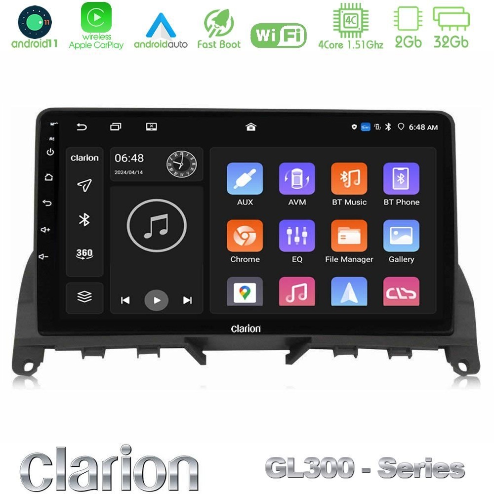 Clarion GL300 Series 4Core Android11 2+32GB Mercedes C-Class W204 2008-2011 Navigation Multimedia Tablet 9" Με Carplay & Android Auto