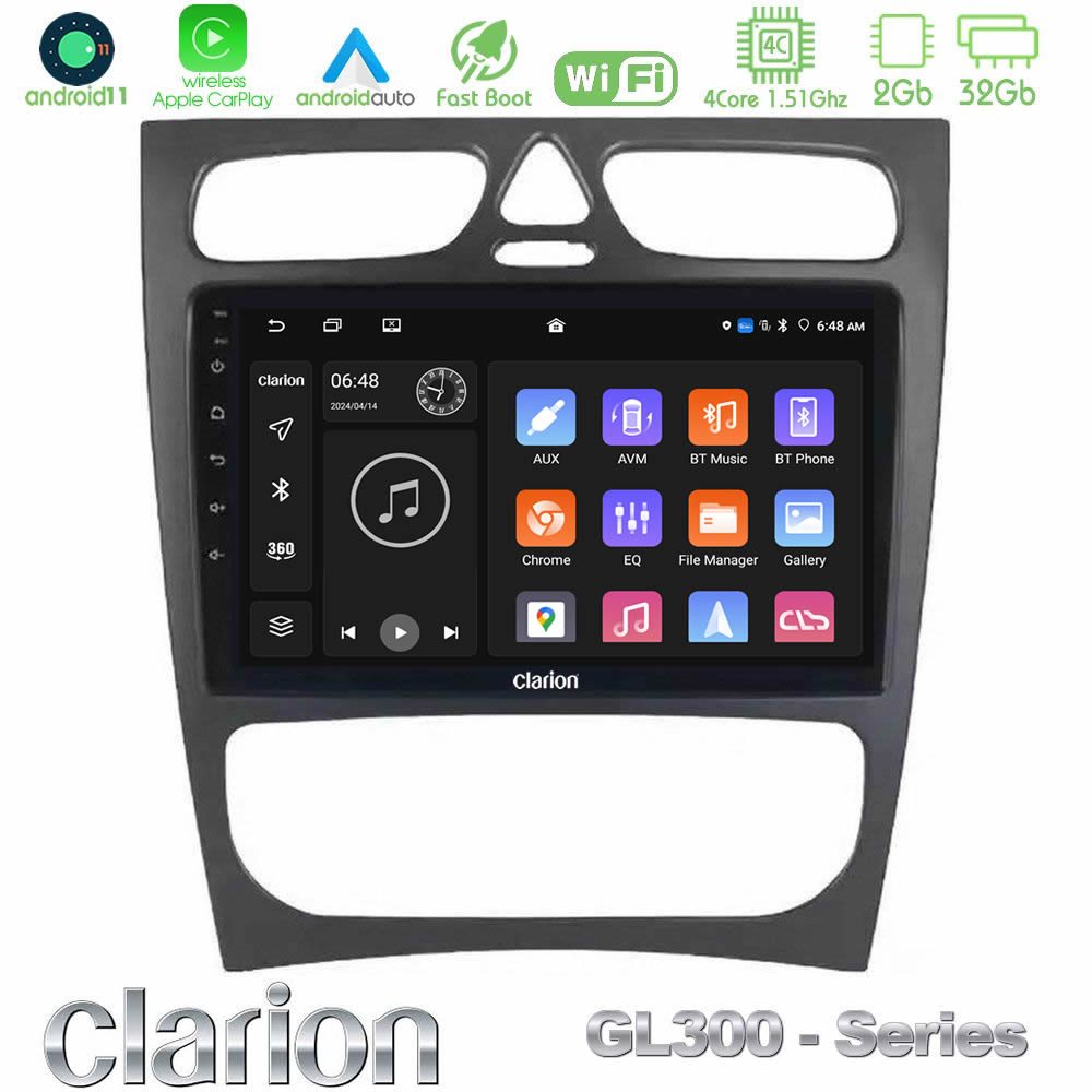 Clarion GL300 Series 4Core Android11 2+32GB Mercedes C Class (W203) Navigation Multimedia Tablet 9" Με Carplay & Android Auto