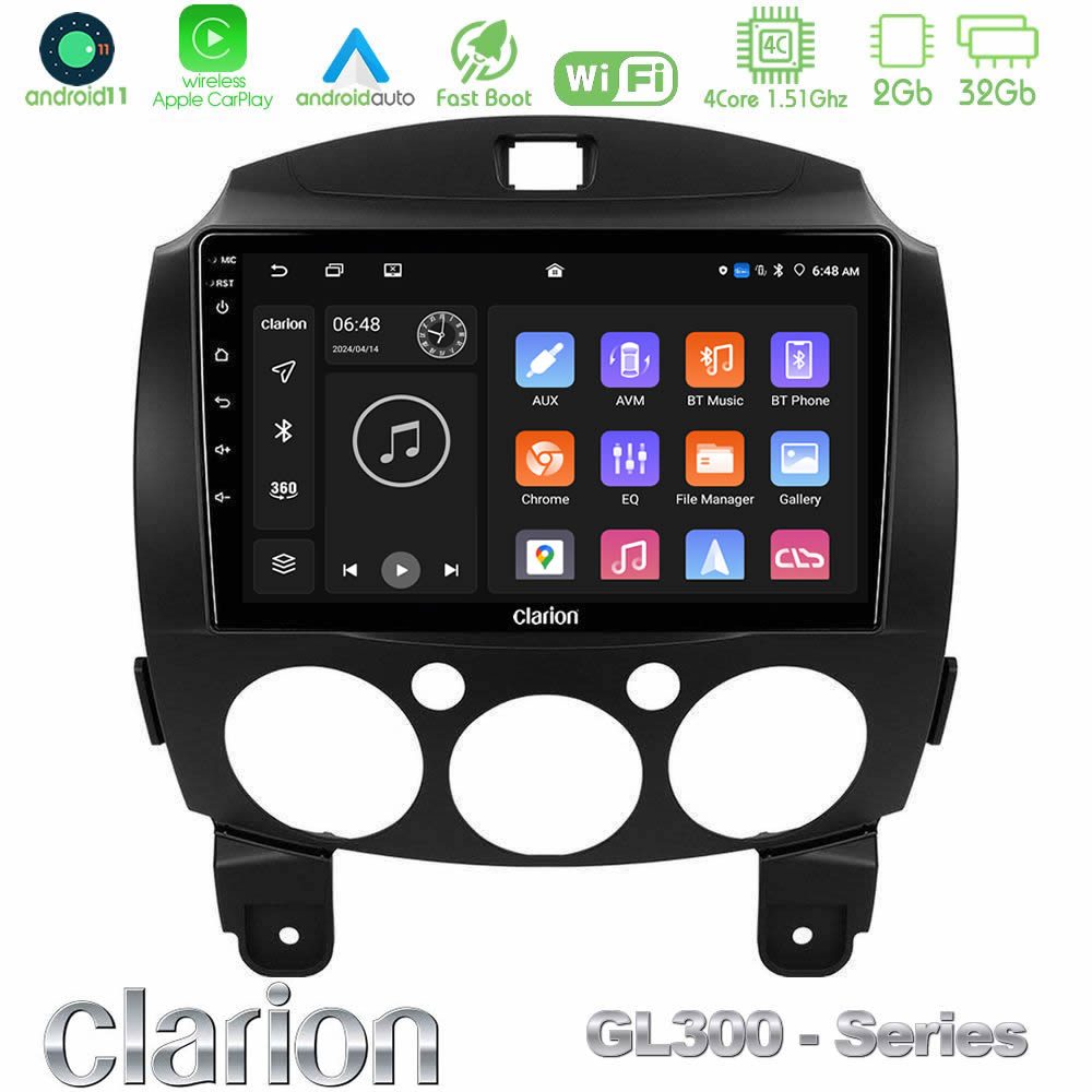 Clarion GL300 Series 4Core Android11 2+32GB Mazda 2 2008-2014 Navigation Multimedia Tablet 9" Με Carplay & Android Auto