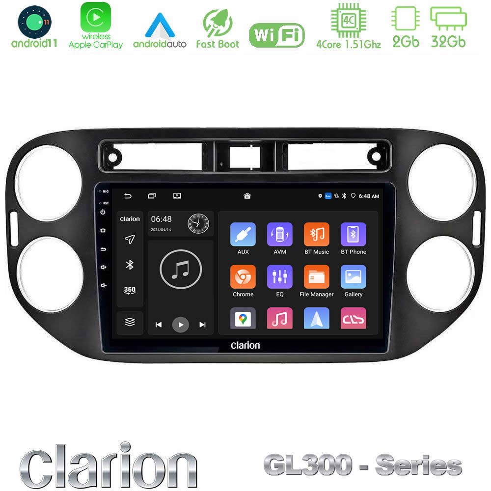 Clarion GL300 Series 4Core Android11 2+32GB VW Tiguan Navigation Multimedia Tablet 9" (23mm alarm button) Με Carplay & Android Auto
