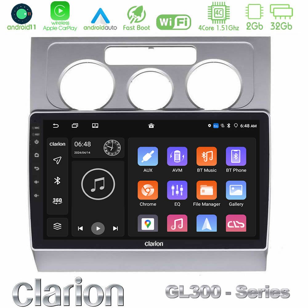 Clarion GL300 Series 4Core Android11 2+32GB VW Touran 2003-2011 Navigation Multimedia Tablet 10" Με Carplay & Android Auto