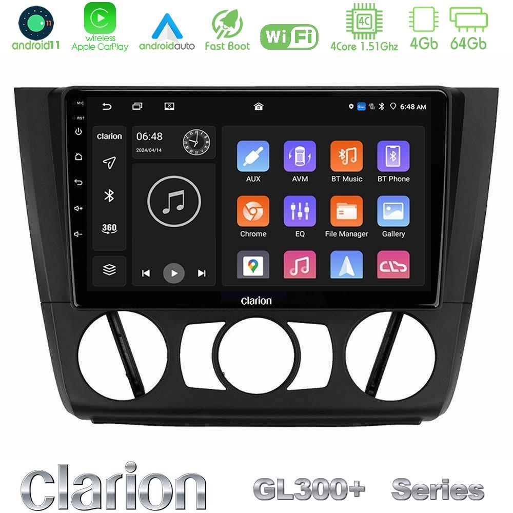 Clarion GL300+ Series 4Core Android11 4+64GB  BMW 1Series  E81/E82/E87/E88 (MANUAL A/C) Navigation Multimedia Tablet 9"