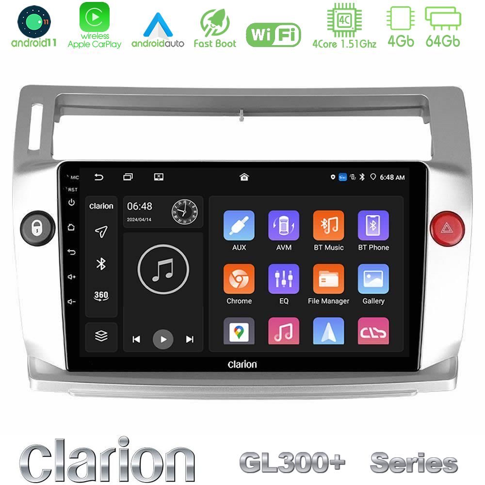 Clarion GL300+ Series 4Core Android11 4+64GB Citroen C4 2004-2010 Navigation Multimedia Tablet 9"
