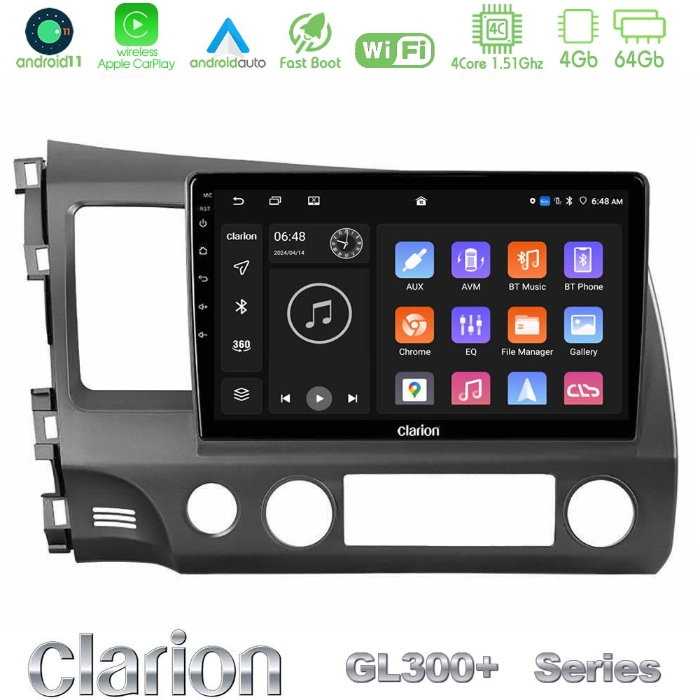 Clarion GL300+ Series 4Core Android11 4+64GB Honda Civic 2006-2011 Navigation Multimedia Tablet 10"