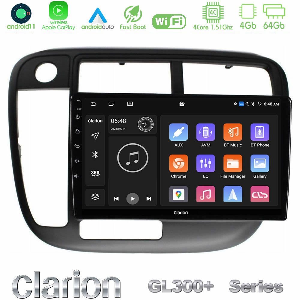 Clarion GL300+ Series 4Core Android11 4+64GB Honda Civic 1995-2001 Navigation Multimedia Tablet 9"