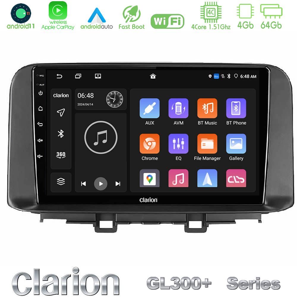 Clarion GL300+ Series 4Core Android11 4+64GB  Hyundai Kona 2018-2023 Navigation Multimedia Tablet 10"