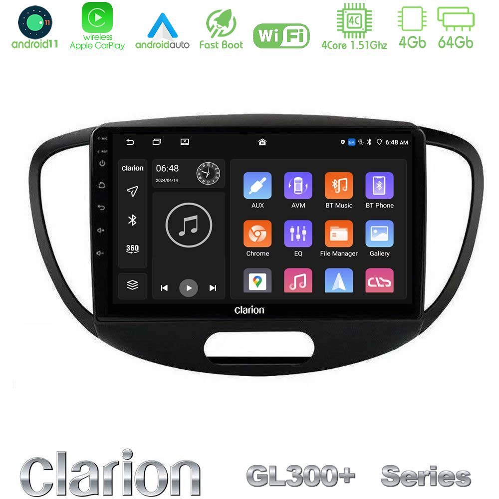 Clarion GL300+ Series 4Core Android11 4+64GB Hyundai i10 2008-2014 Navigation Multimedia Tablet 9"