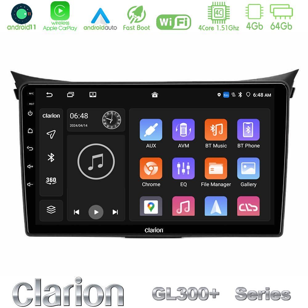 Clarion GL300+ Series 4Core Android11 4+64GB Hyundai i30 2012-2017 Navigation Multimedia Tablet 9"
