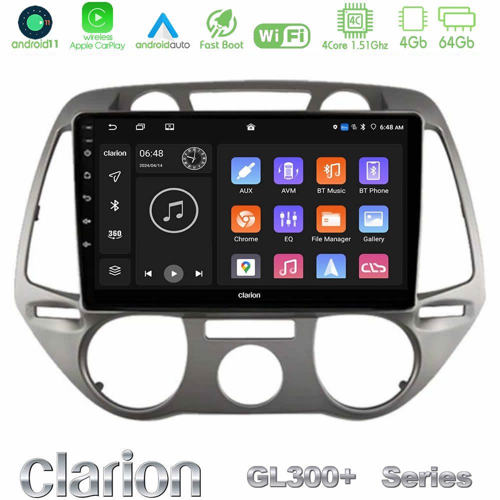 Clarion GL300+ Series 4Core Android11 4+64GB Hyundai i20 2009-2012 Manual A/C Navigation Multimedia Tablet 9"
