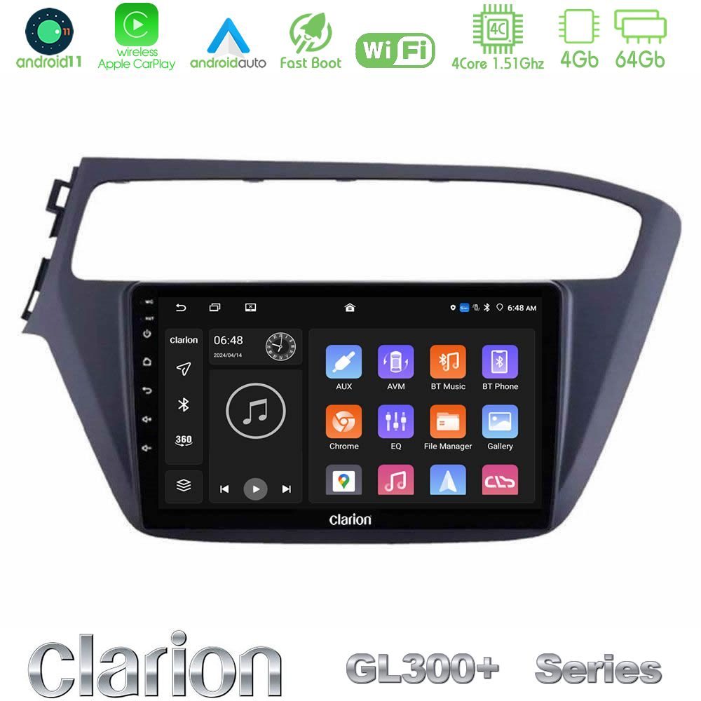 Clarion GL300+ Series 4Core Android11 4+64GB Hyundai i20 2018-2020 Navigation Multimedia Tablet 9"
