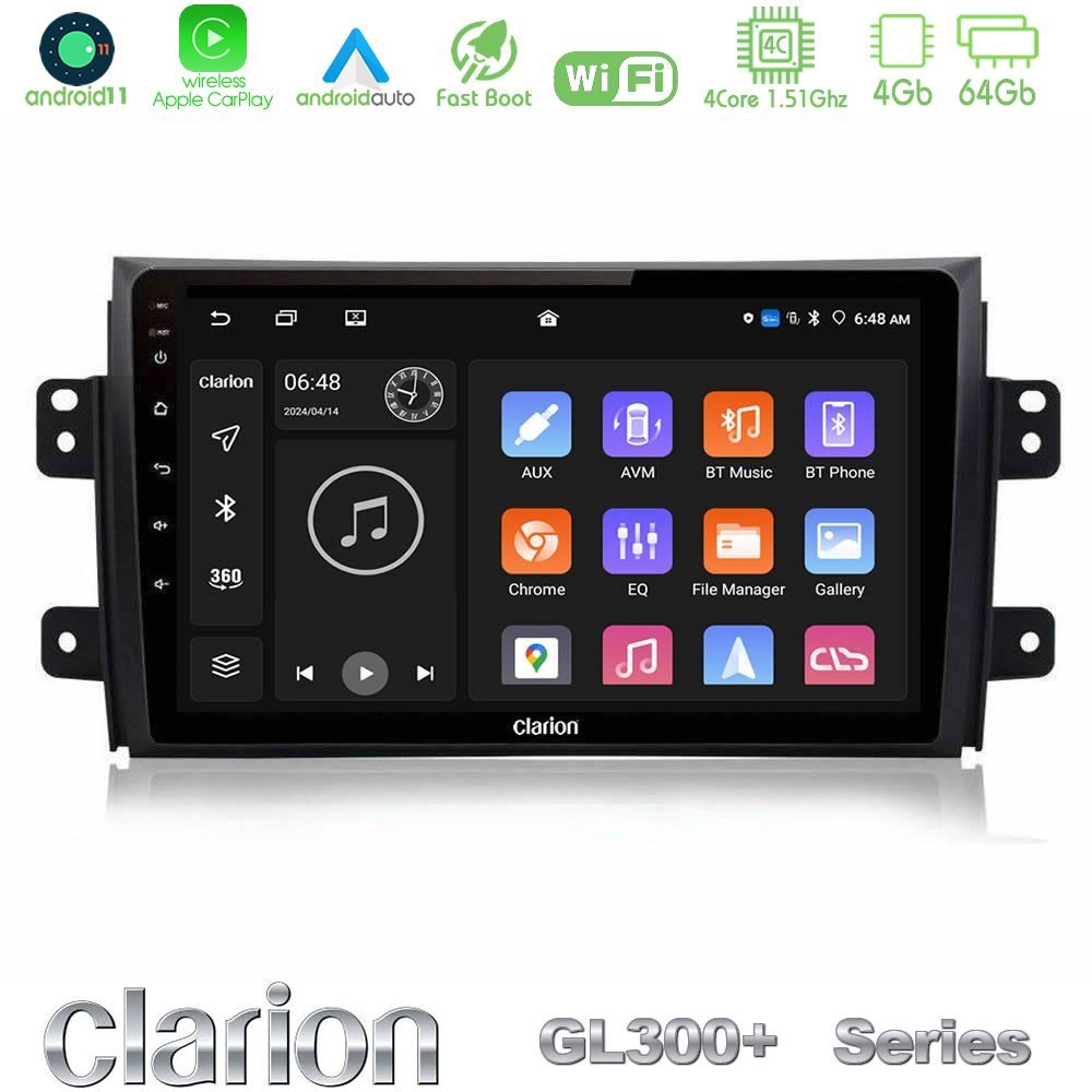 Clarion GL300+ Series 4Core Android11 4+64GB  Suzuki SX4 2006-2014 Fiat Sedici 2006-2014 Navigation Multimedia Tablet 9"