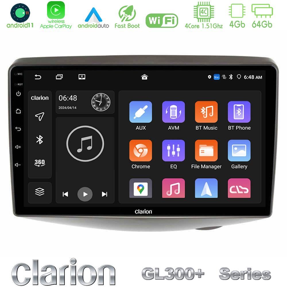 Clarion GL300+ Series 4Core Android11 4+64GB  Toyota Yaris 1999 - 2006 Navigation Multimedia Tablet 9"