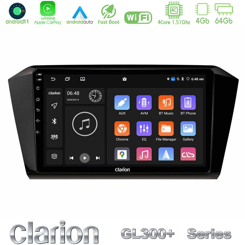 Clarion GL300+ Series 4Core Android11 4+64GB VW Passat Navigation Multimedia Tablet 10"
