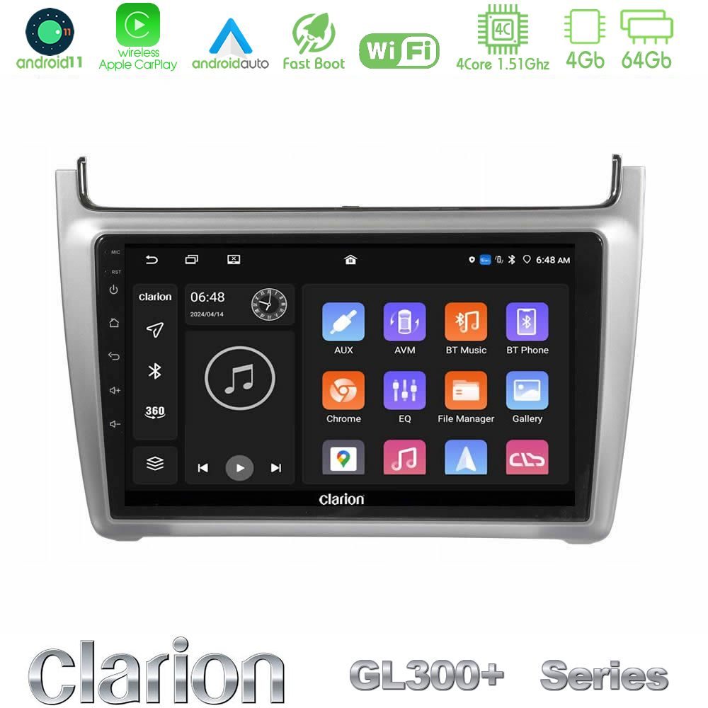 Clarion GL300+ Series 4Core Android11 4+64GB Vw Polo 2014-2017 Navigation Multimedia Tablet 9" (Silver)