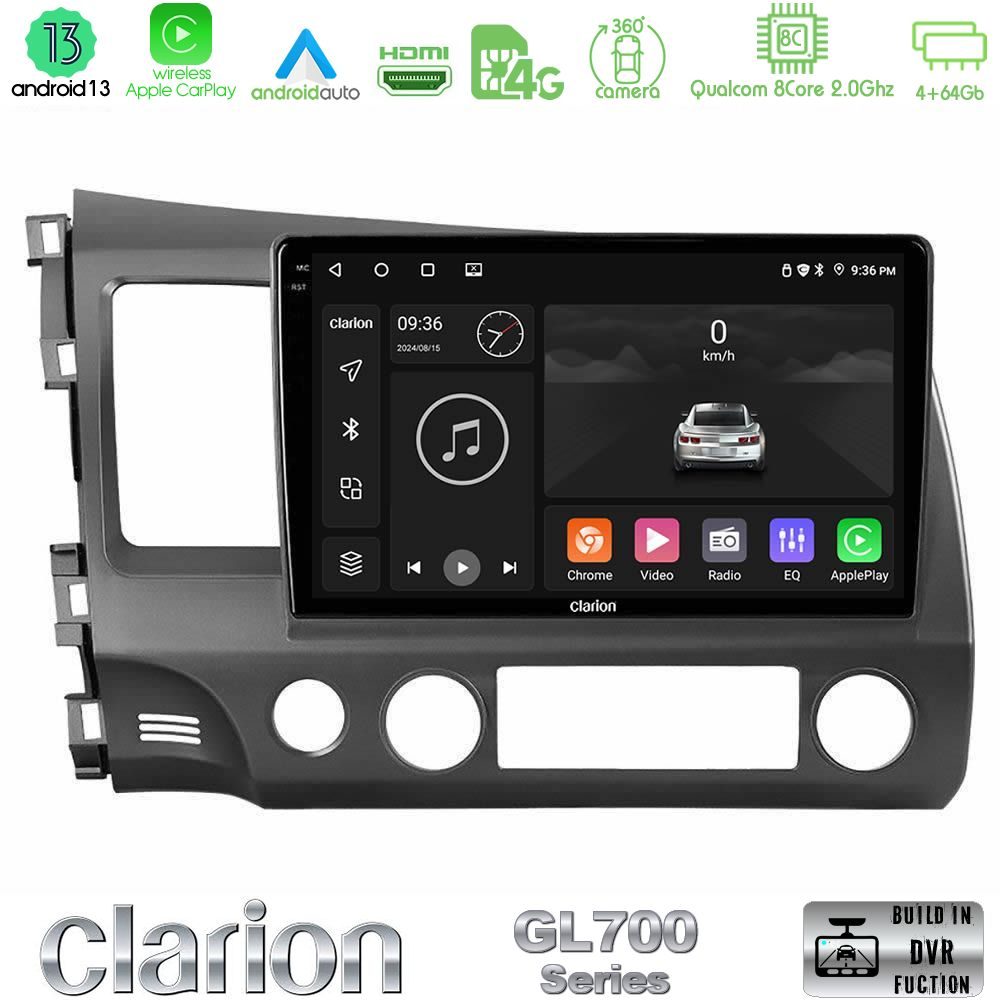 Clarion GL700 Series 8Core Android13 4+64GB Honda Civic 2006-2011 Navigation Multimedia Tablet 10" Με Carplay & Android Auto