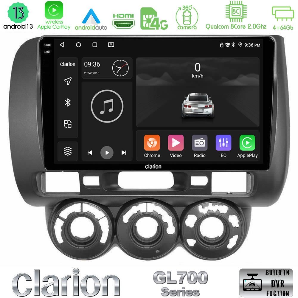Clarion GL700 Series 8Core Android13 4+64GB Honda Jazz 2002-2008 (Manual A/C) Navigation Multimedia Tablet 9" Με Carplay & Android Auto
