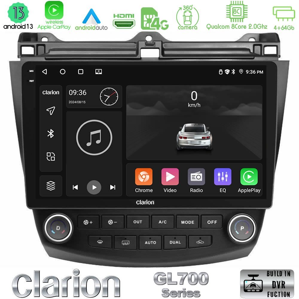 Clarion GL700 Series 8Core Android13 4+64GB Honda Accord 2002-2008 Navigation Multimedia Tablet 10" Με Carplay & Android Auto