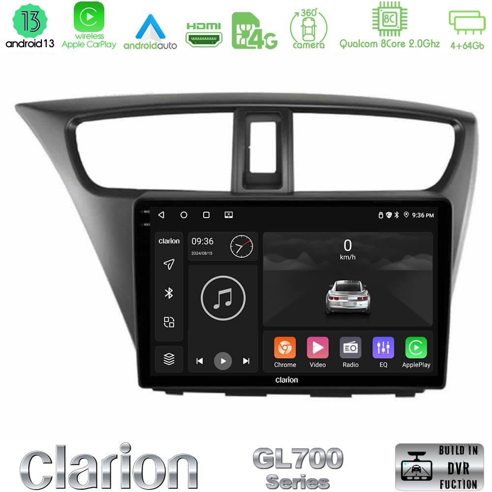 Clarion GL700 Series 8Core Android13 4+64GB Honda Civic Hatchback 2012-2015 Navigation Multimedia Tablet 9" Με Carplay & Android Auto