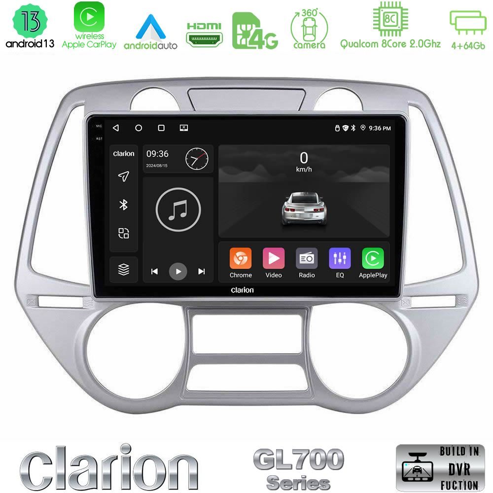 Clarion GL700 Series 8Core Android13 4+64GB Hyundai i20 2009-2012 Auto A/C Navigation Multimedia Tablet 9" Με Carplay & Android Auto