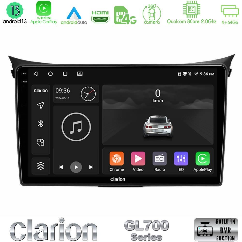 Clarion GL700 Series 8Core Android13 4+64GB Hyundai i30 2012-2017 Navigation Multimedia Tablet 9" Με Carplay & Android Auto