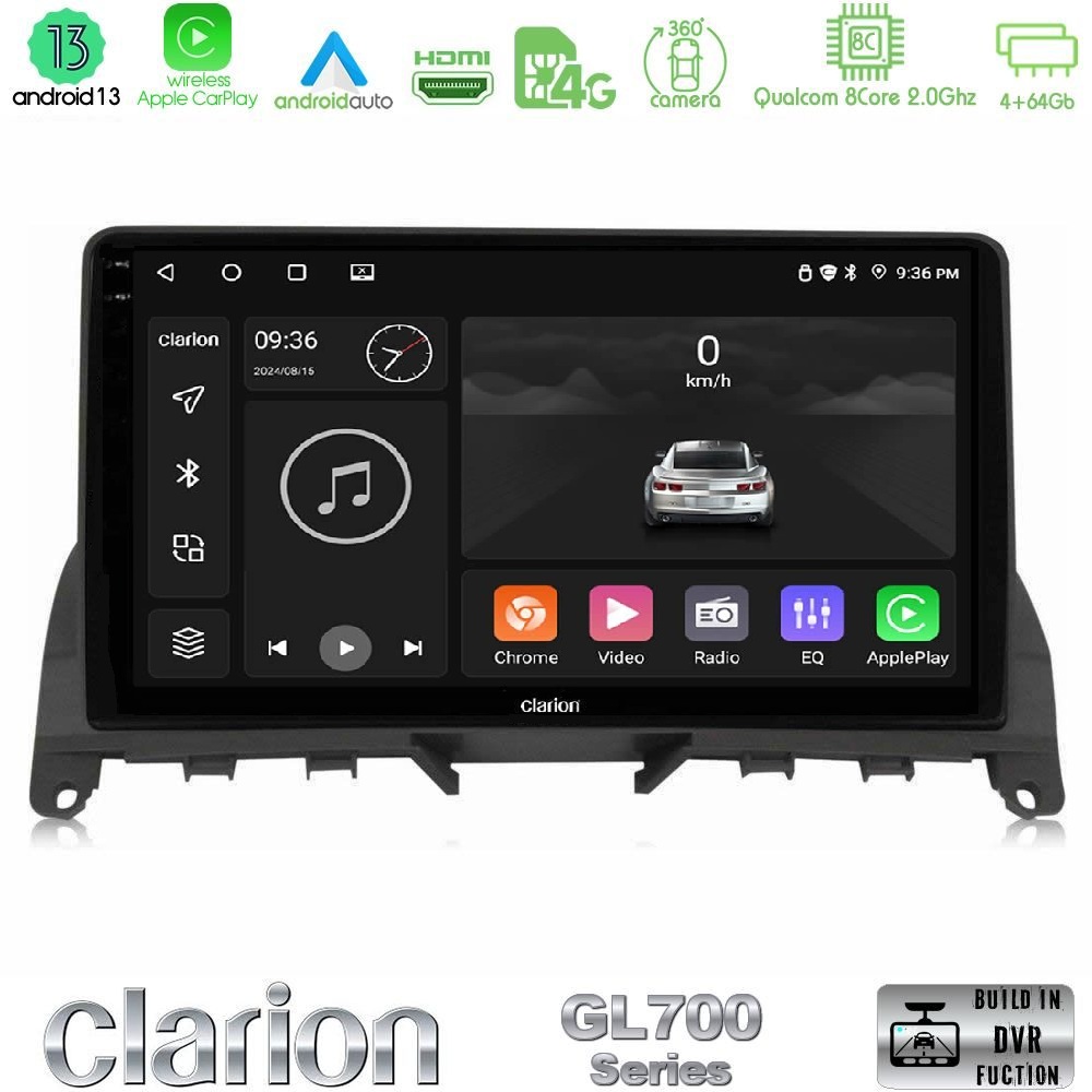 Clarion GL700 Series 8Core Android13 4+64GB Mercedes C-Class W204 2008-2011 Navigation Multimedia Tablet 9" Με Carplay & Android Auto