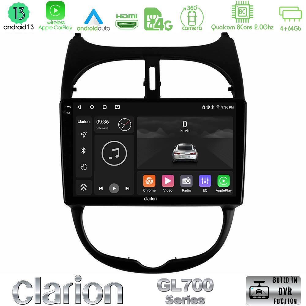 Clarion GL700 Series 8Core Android13 4+64GB Peugeot 206 Navigation Multimedia Tablet 9" Με Carplay & Android Auto