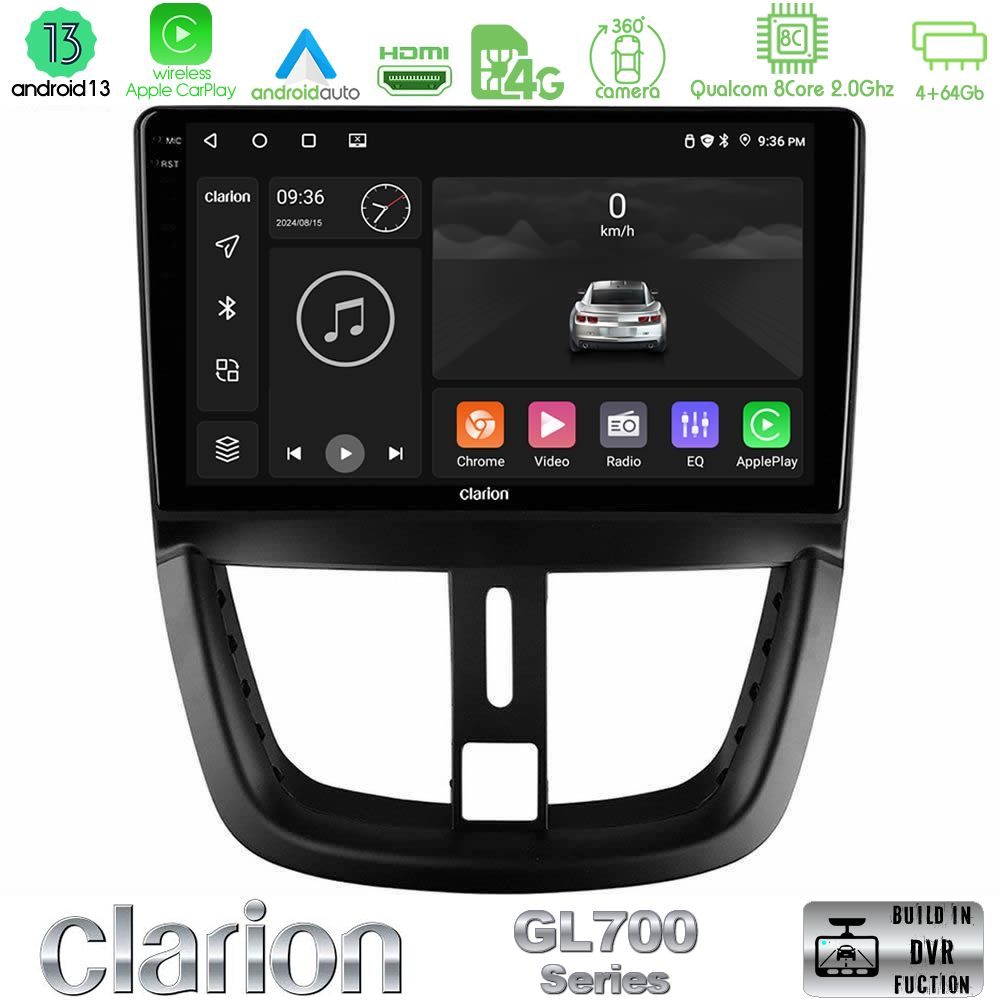 Clarion GL700 Series 8Core Android13 4+64GB Peugeot 207 Navigation Multimedia Tablet 9" Με Carplay & Android Auto
