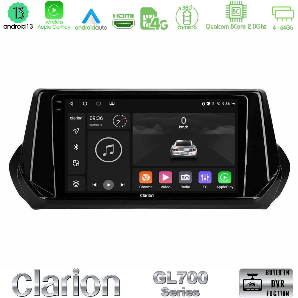 Clarion GL700 Series 8Core Android13 4+64GB Peugeot 208 2019-2023 Navigation Multimedia Tablet 9" Με Carplay & Android Auto