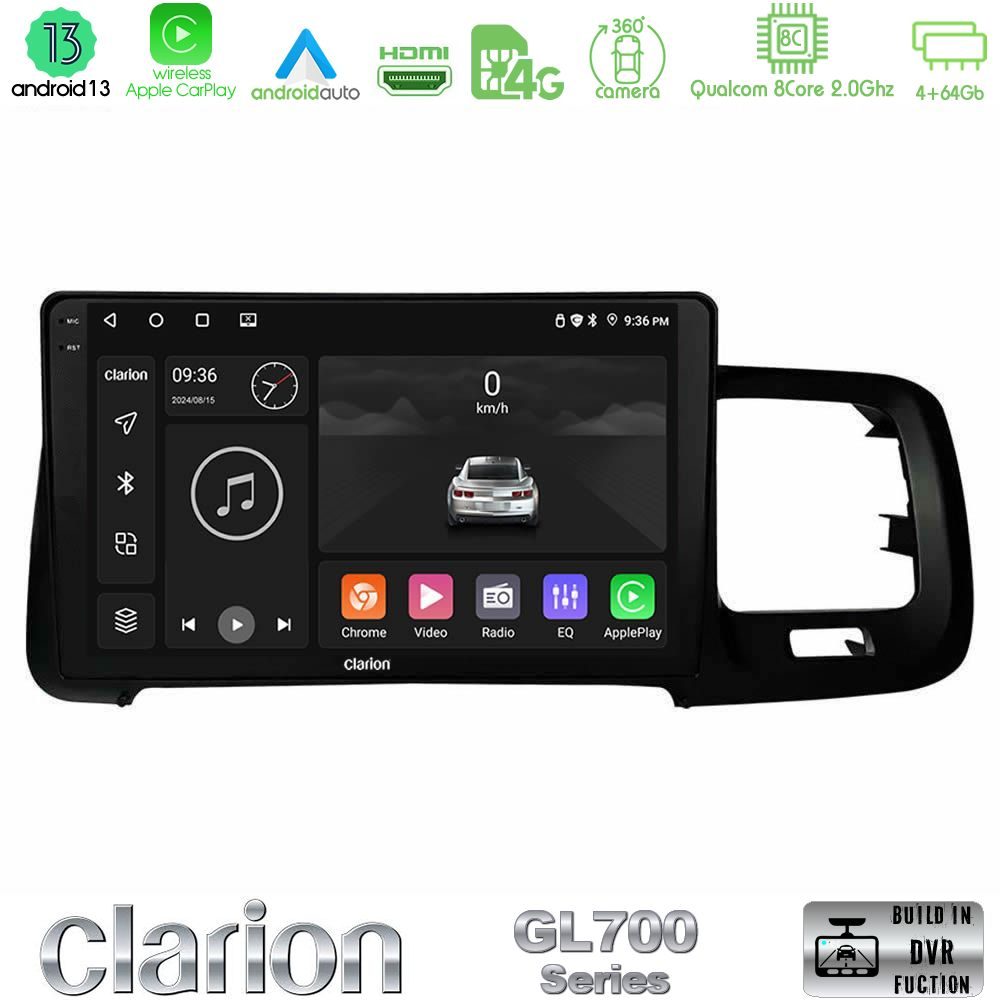 Clarion GL700 Series 8Core Android13 4+64GB Volvo S60 2010-2018 Navigation Multimedia Tablet 9" Με Carplay & Android Auto