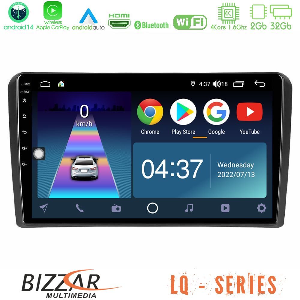 Bizzar LQ Series 4Core Android14 2+32GB Audi A3 8P Navigation Multimedia Tablet 9" Με Carplay & Android Auto