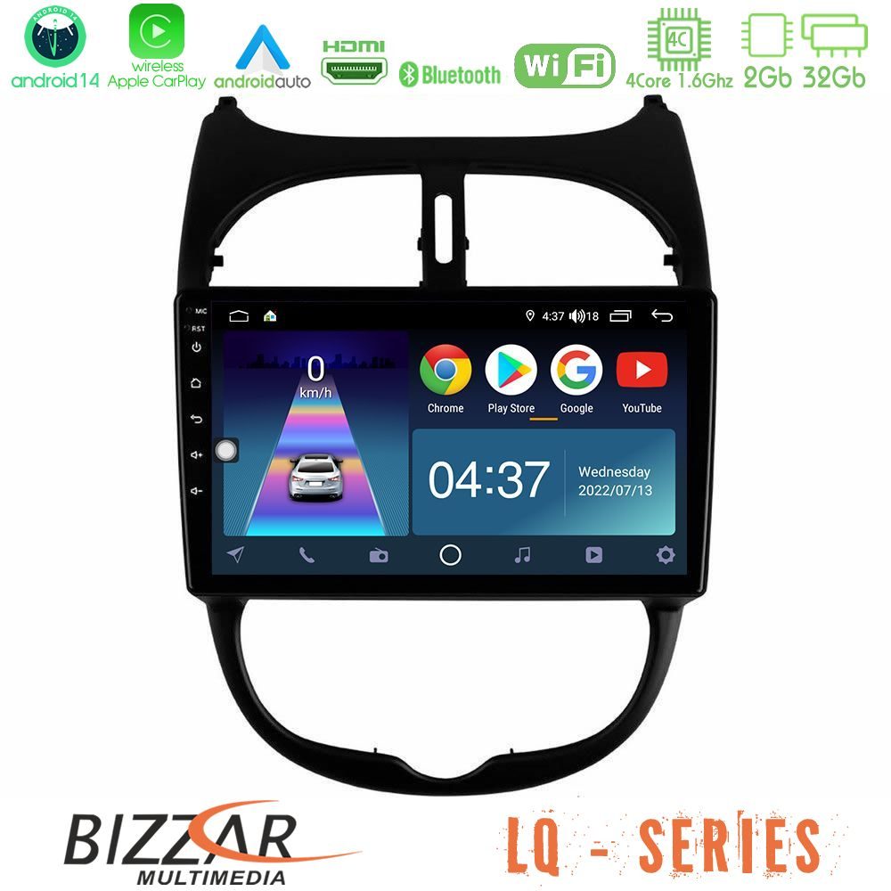 Bizzar LQ Series 4Core Android14 2+32GB Peugeot 206 Navigation Multimedia Tablet 9" Με Carplay & Android Auto