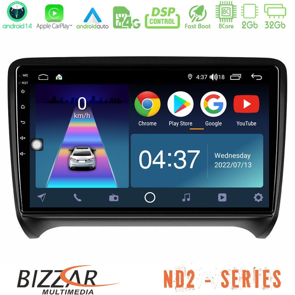 Bizzar ND2 Series 8Core Android14 2+32GB Audi TT B7 Navigation Multimedia Tablet 9" Με Carplay & Android Auto