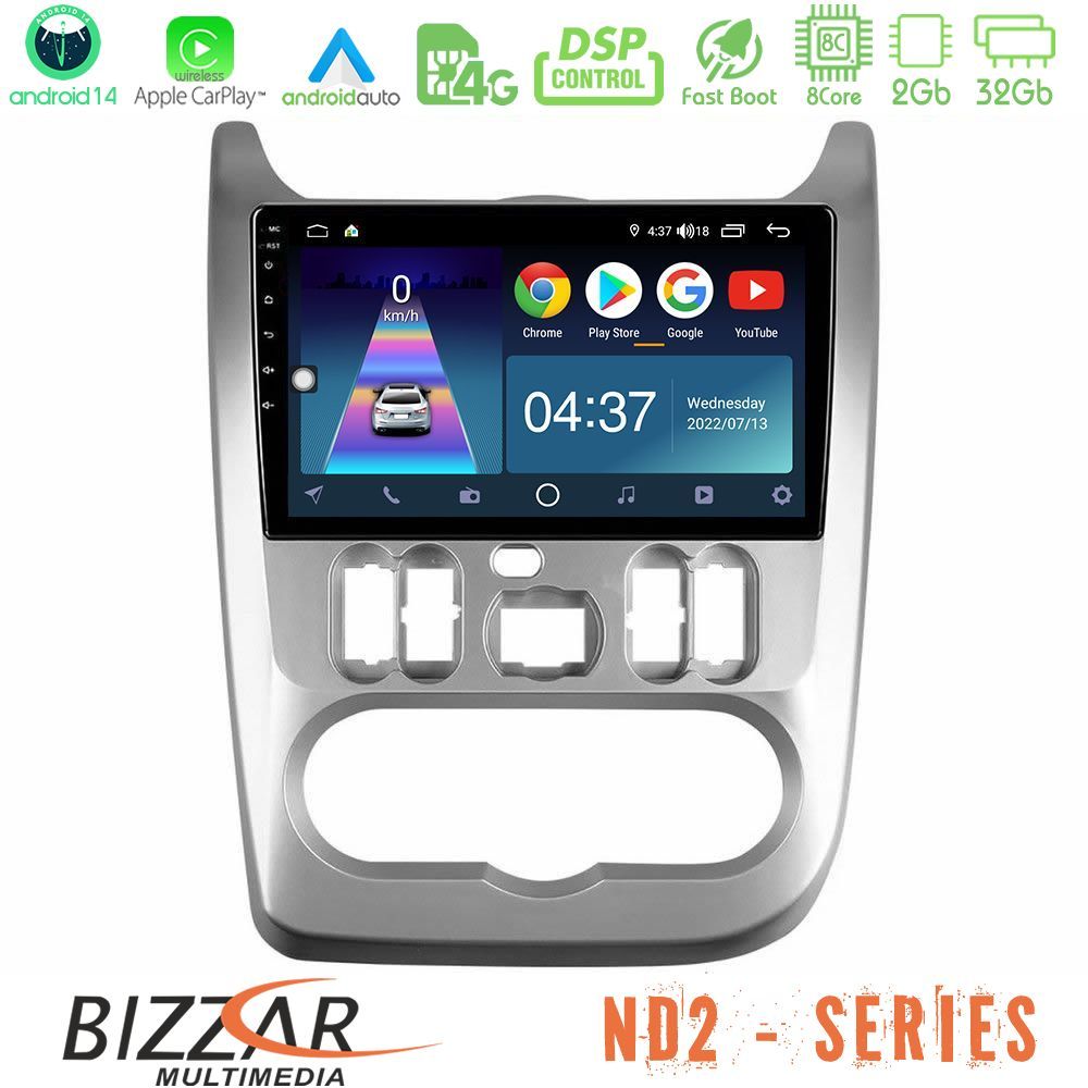 Bizzar ND2 Series 8Core Android14 2+32GB  Dacia Duster/Sandero/Logan Navigation Multimedia Tablet 9" Με Carplay & Android Auto