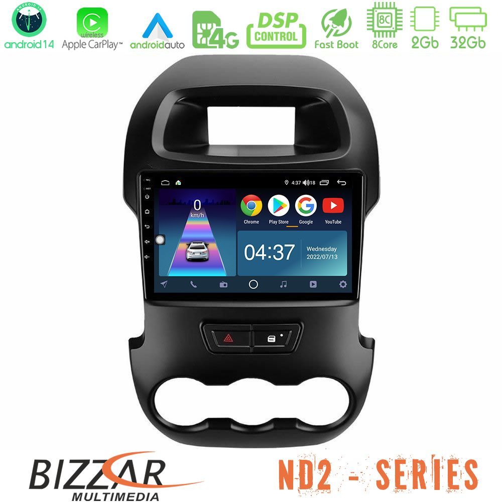 Bizzar ND2 Series 8Core Android14 2+32GB Ford Ranger 2012-2016 Navigation Multimedia Tablet 9" Με Carplay & Android Auto
