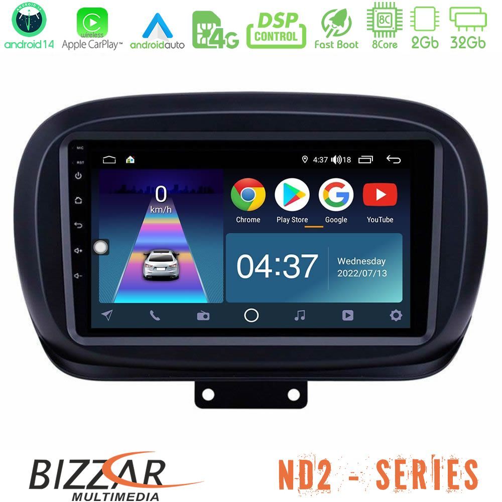 Bizzar ND2 Series 8Core Android14 2+32GB  Fiat 500X Navigation Multimedia Tablet 9" Με Carplay & Android Auto