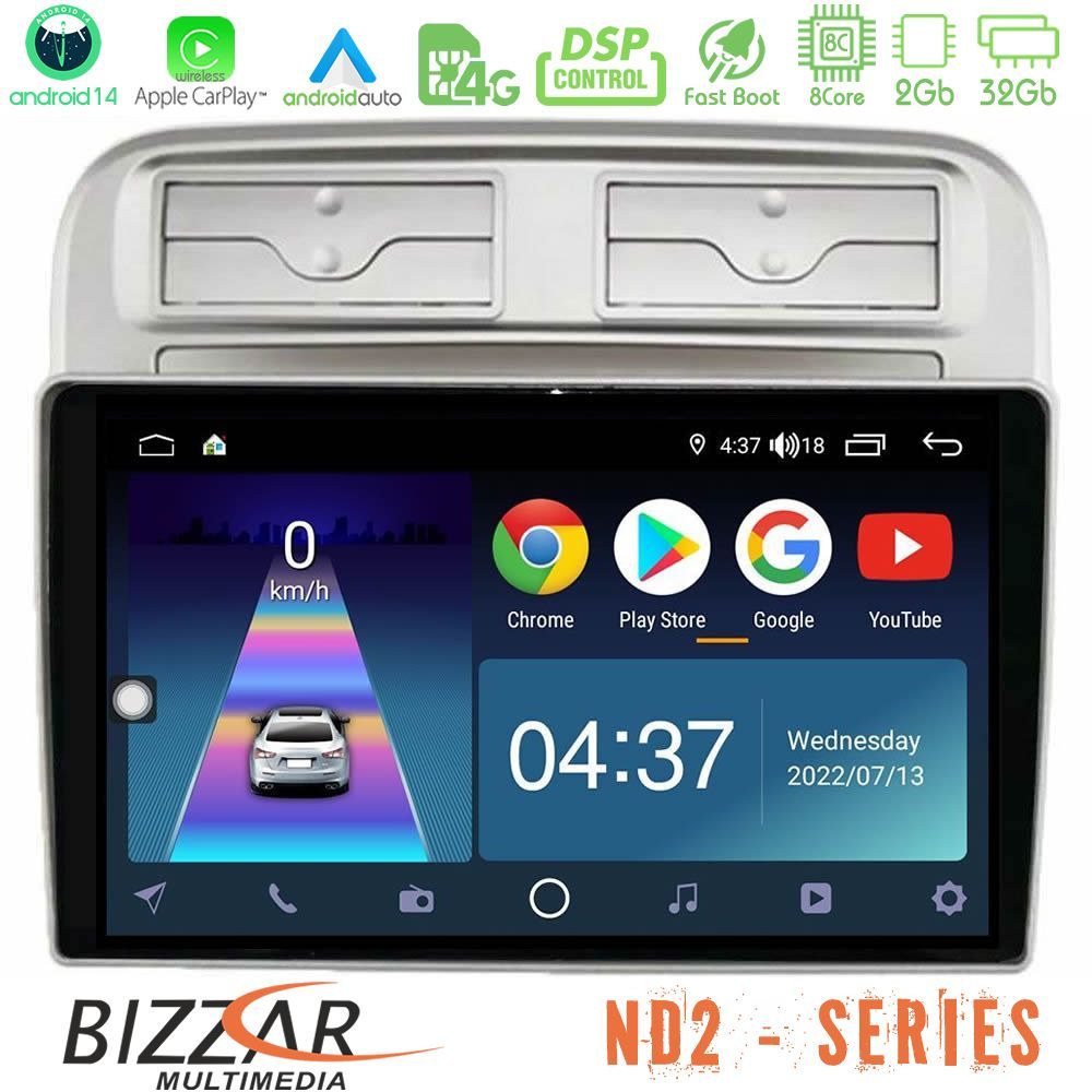 Bizzar ND2 Series 8Core Android14 2+32GB Fiat Grande Punto 2006-2011 Navigation Multimedia Tablet 9" Με Carplay & Android Auto