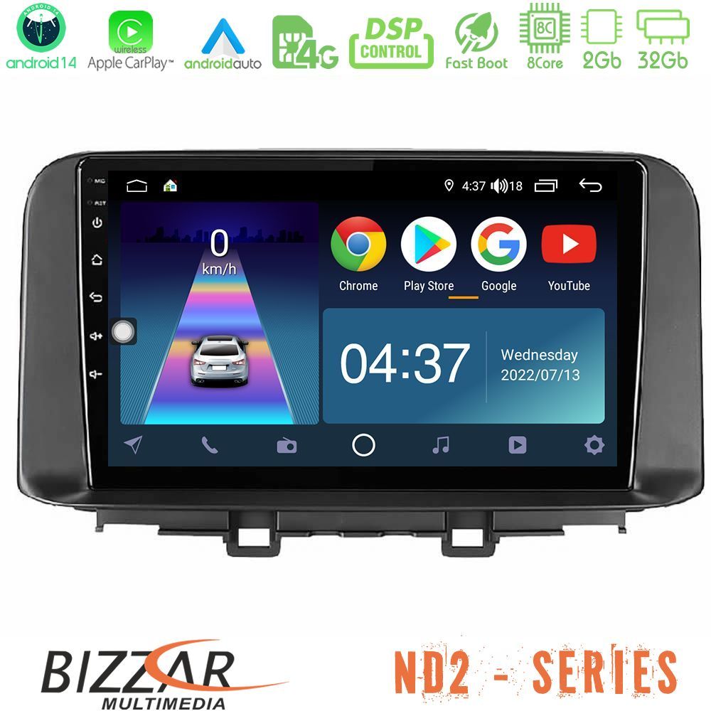 Bizzar ND2 Series 8Core Android14 2+32GB  Hyundai Kona 2018-2023 Navigation Multimedia Tablet 10" Με Carplay & Android Auto