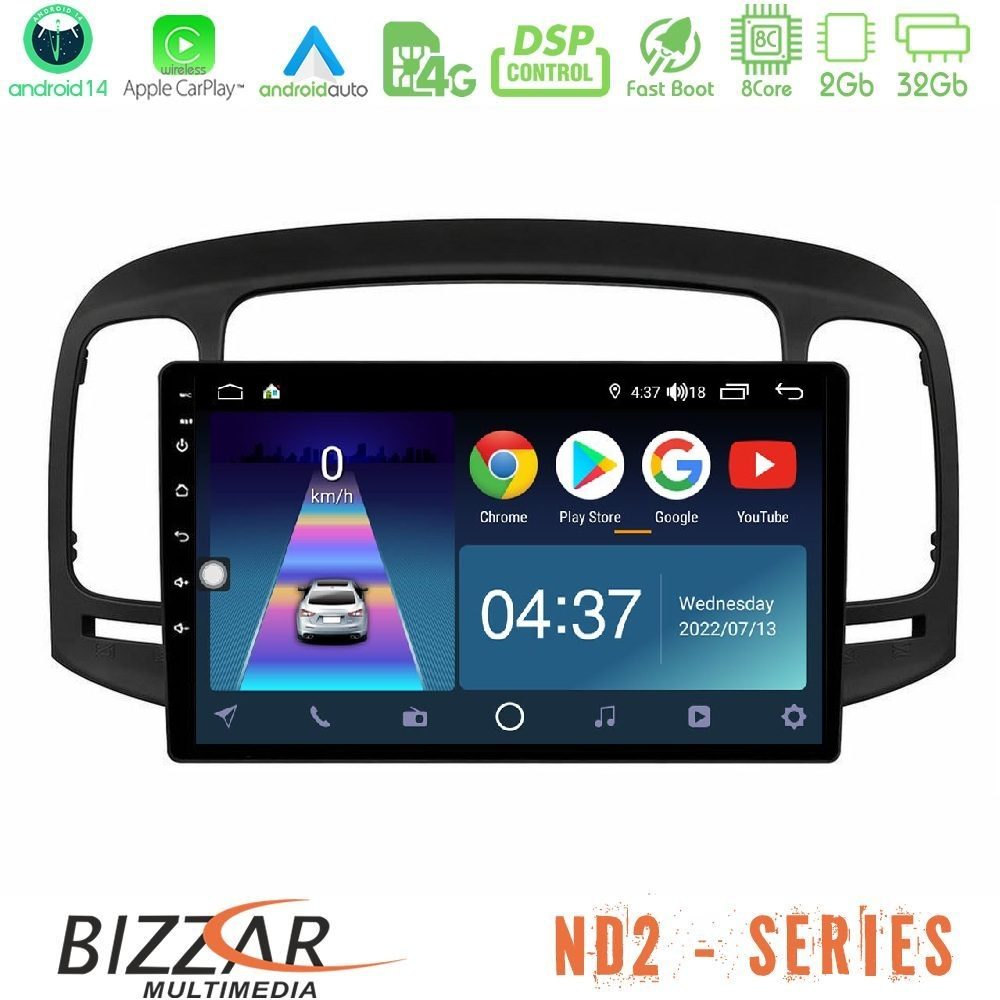 Bizzar ND2 Series 8Core Android14 2+32GB Hyundai Accent 2006-2011 Navigation Multimedia Tablet 9" Με Carplay & Android Auto