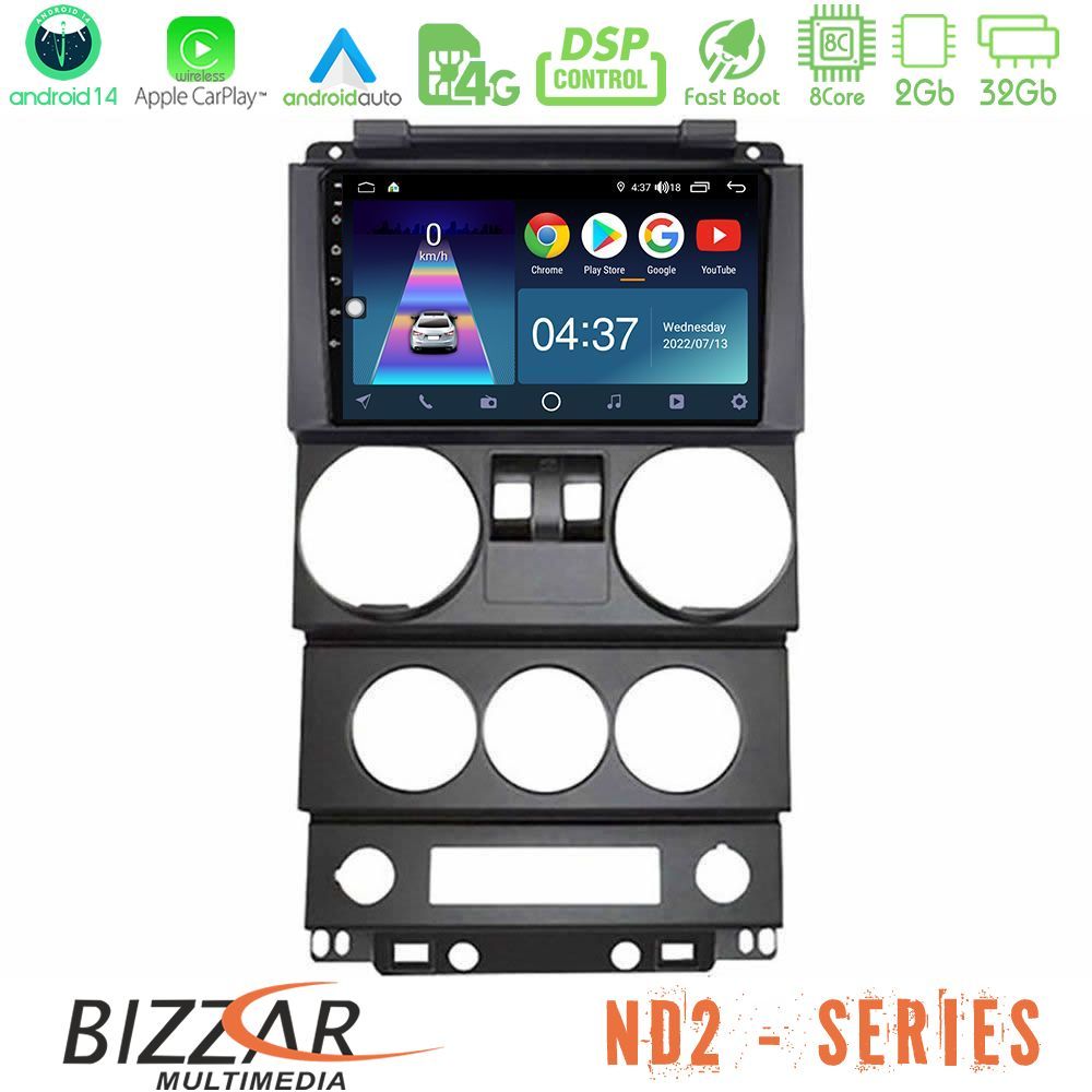 Bizzar ND2 Series 8Core Android14 2+32GB  Jeep Wrangler 2Door 2008-2010 Navigation Multimedia Tablet 9" Με Carplay & Android Auto