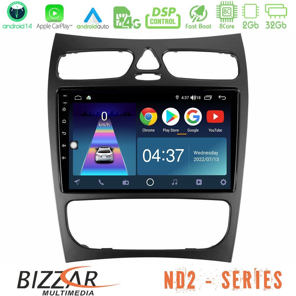 Bizzar ND2 Series 8Core Android14 2+32GB  Mercedes CLK Class W209 2000-2004 Navigation Multimedia Tablet 9" Με Carplay & Android Auto