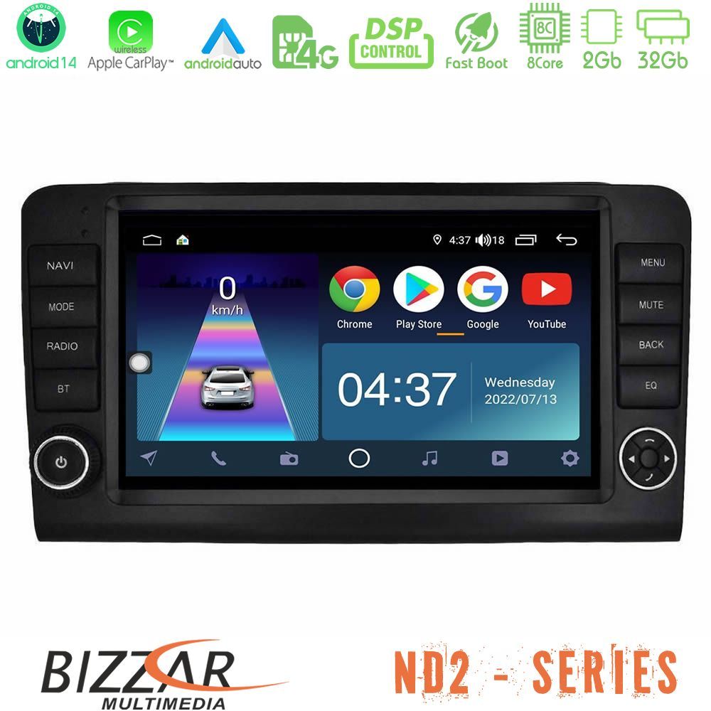 Bizzar ND2 Series 8Core Android14 2+32GB  Mercedes ML/GL Class W164 2006-2011 Navigation Multimedia Tablet 9"  Με Carplay & Android Auto (OEM Look)