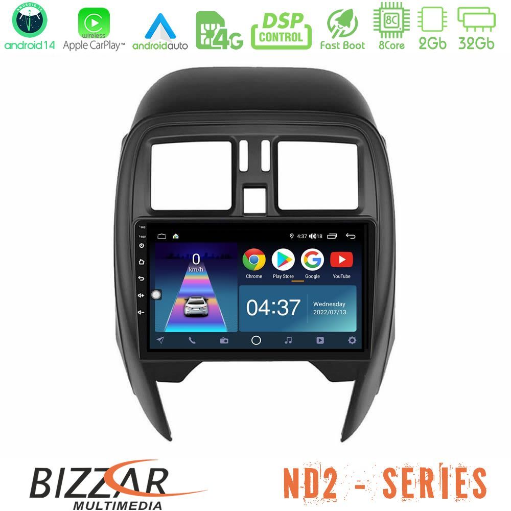 Bizzar ND2 Series 8Core Android14 2+32GB  Nissan Micra 2013-2016 Navigation Multimedia Tablet 9"  Με Carplay & Android Auto