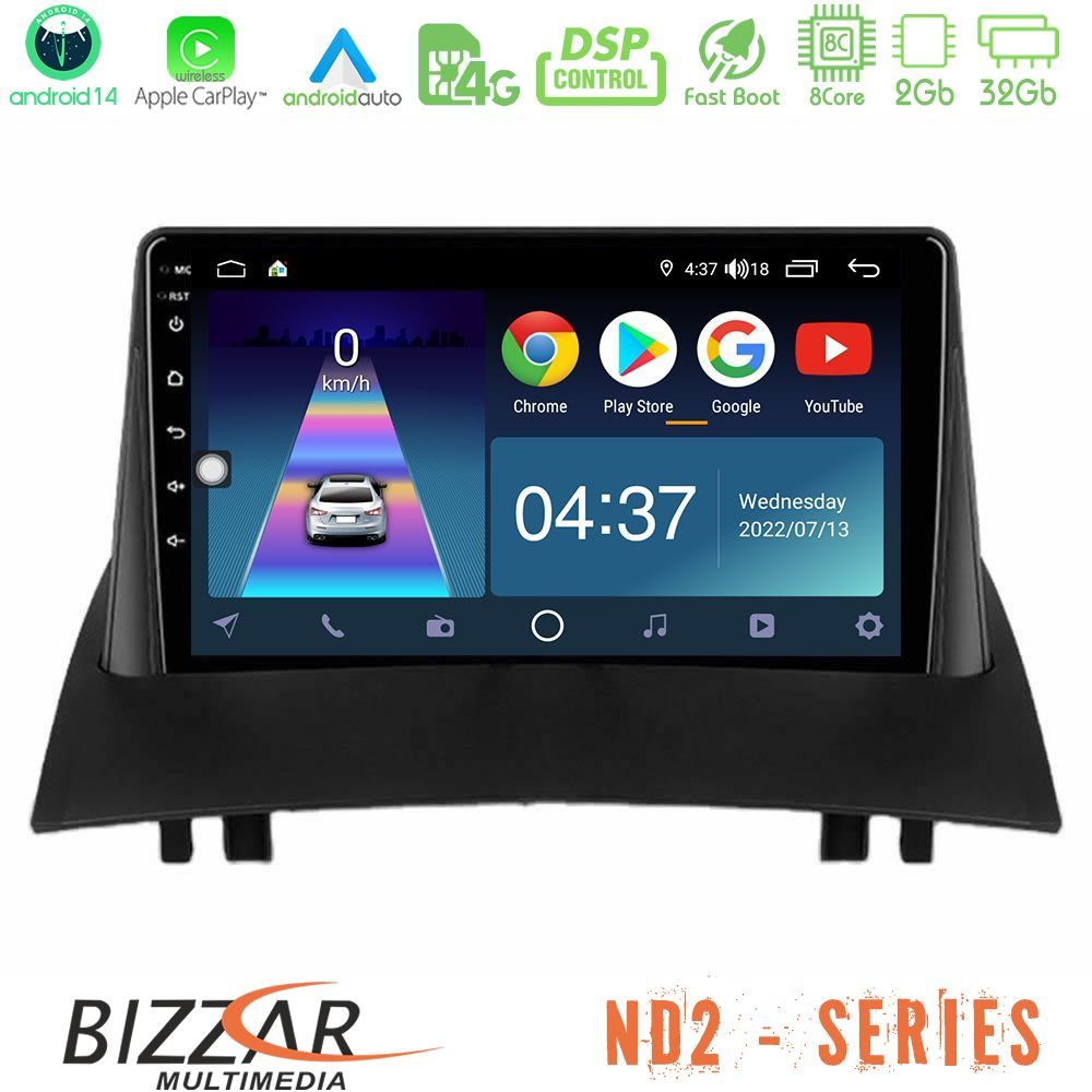 Bizzar ND2 Series 8Core Android14 2+32GB  Renault Megane 2 2002-2008 Navigation Multimedia Tablet 9" Με Carplay & Android Auto