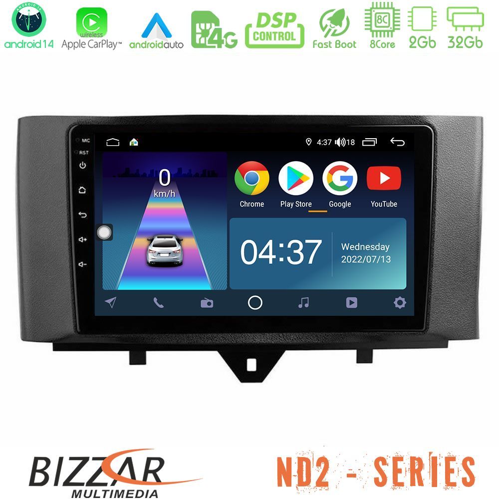 Bizzar ND2 Series 8Core Android14 2+32GB  Smart 451 Facelift Navigation Multimedia Tablet 9" Με Carplay & Android Auto