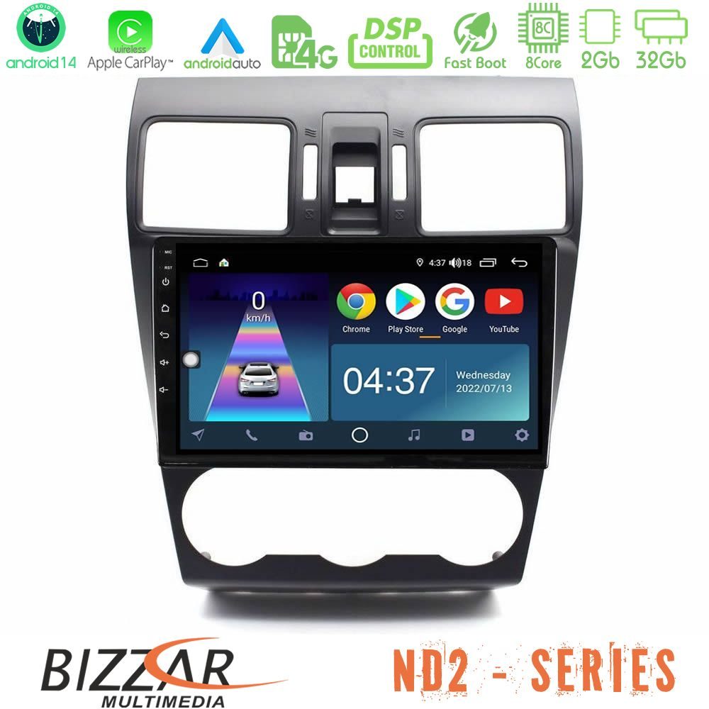 Bizzar ND2 Series 8Core Android14 2+32GB Subaru Forester 2015-2018 Navigation Multimedia Tablet 9" Με Carplay & Android Auto