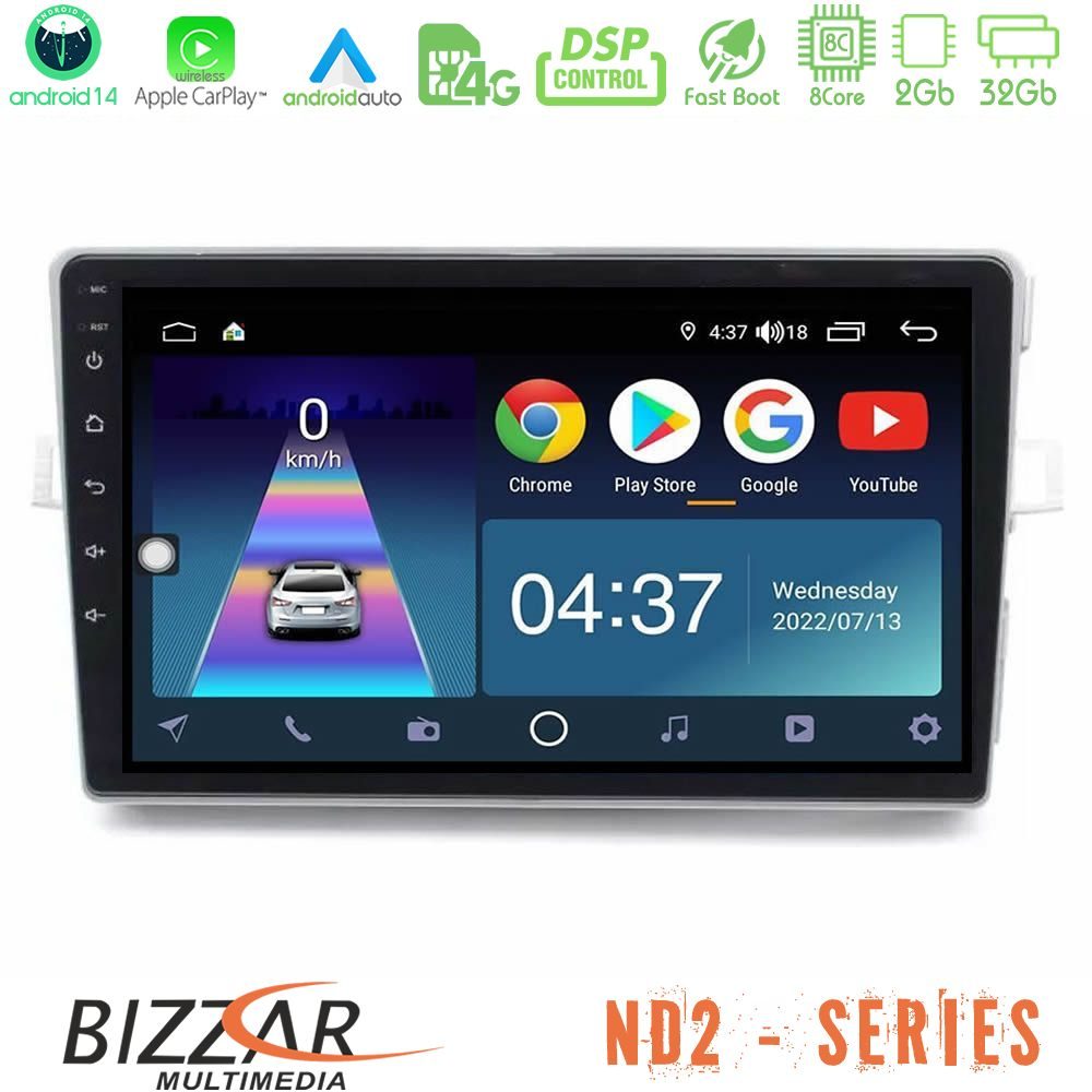 Bizzar ND2 Series 8Core Android14 2+32GB Toyota Verso 2009-2018 Navigation Multimedia Tablet 9" Με Carplay & Android Auto