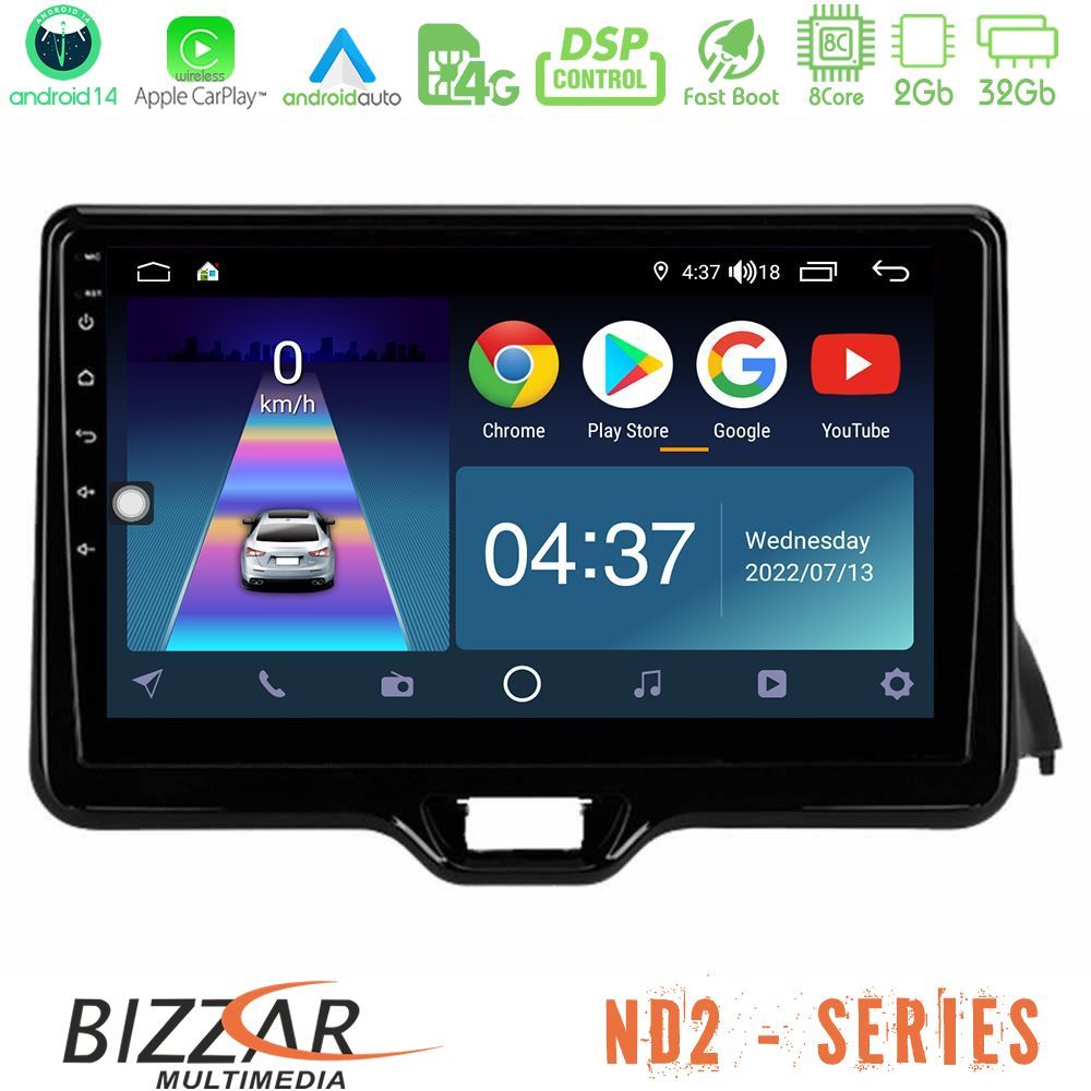 Bizzar ND2 Series 8Core Android14 2+32GB  Toyota Yaris 2020-> Navigation Multimedia Tablet 10" Με Carplay & Android Auto