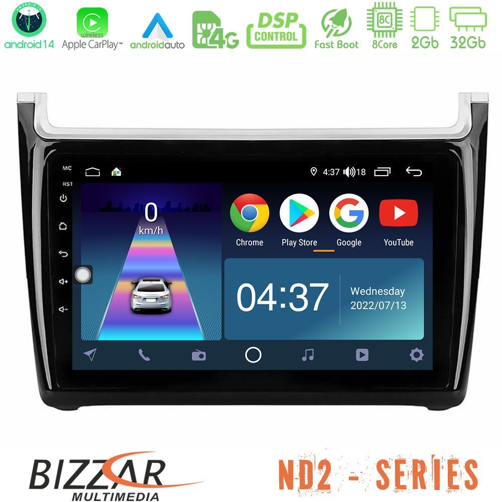Bizzar ND2 Series 8Core Android14 2+32GB Vw Polo 2014-2017 Navigation Multimedia Tablet 9" Με Carplay & Android Auto