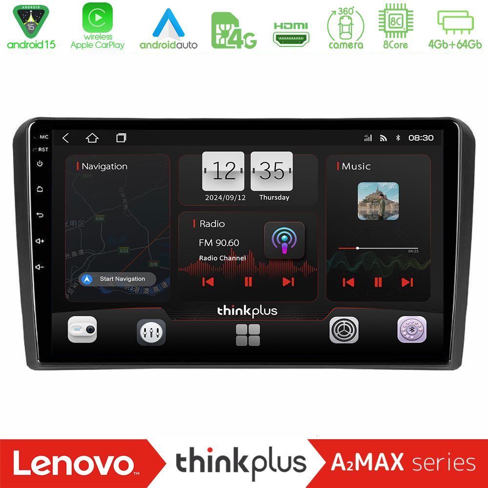 Lenovo Thinkplus A2MAX Series 8Core Android15 4+64GB  Audi A3 8P Navigation Multimedia Tablet 9"